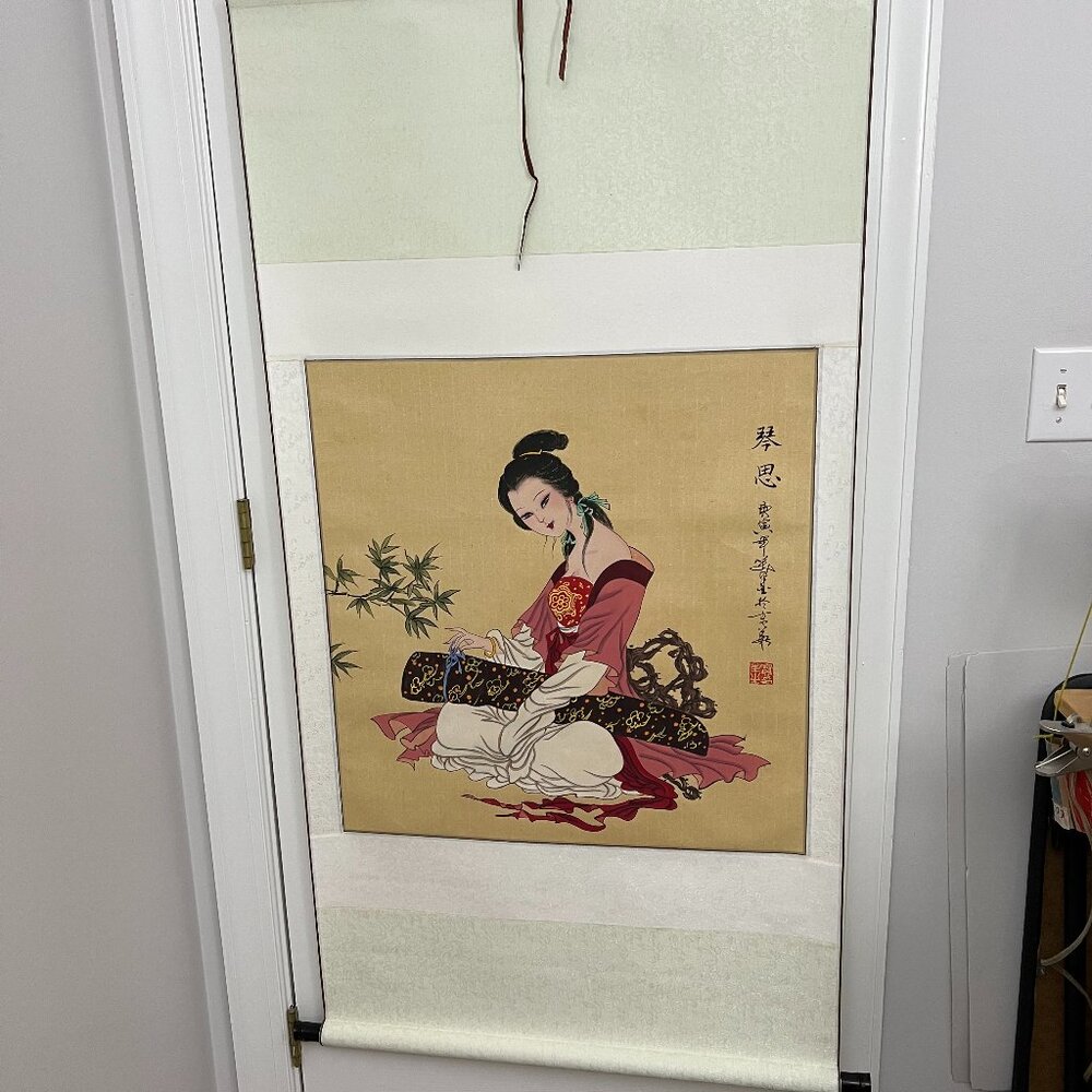 Asian Chinese Hanging Scroll Art Geisha Hand Painted 56" x 29"